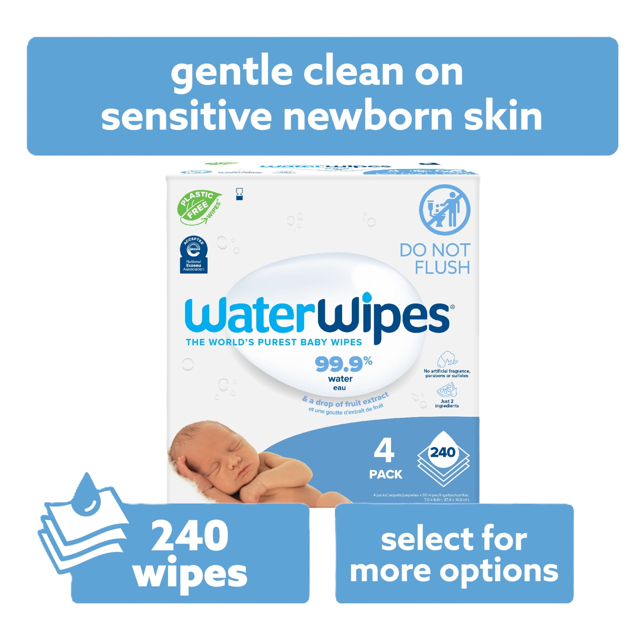 WaterWipes - Original Plastic Free Baby Wipes | 240 wet wipes | 4 packs | 99.9% Water Based Wet Wipes & Unscented for Sensitive Skin
